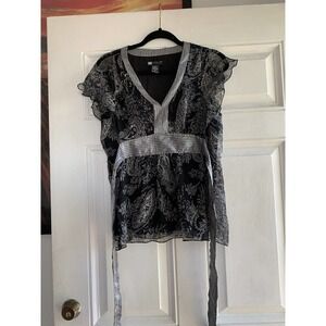 Carole Little Black Silk‎ Blouse Size Small Paisley Floral White Blouse